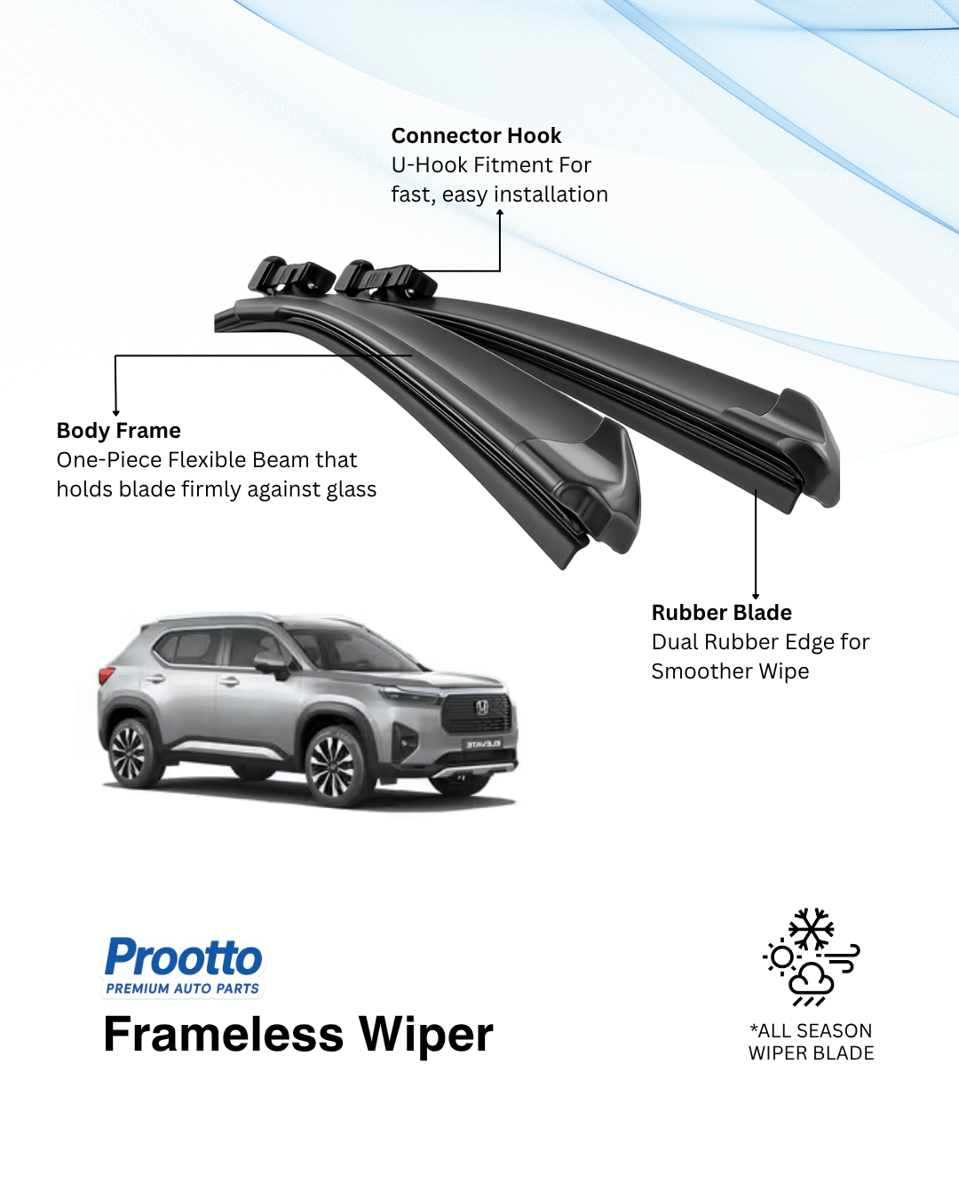 Prootto Wiper Blades for Honda Elevate - Hybrid, Frameless & Conventional