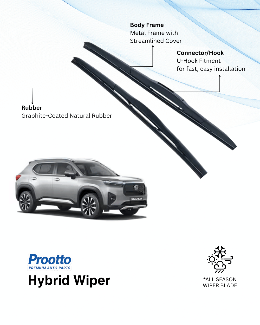 Prootto Wiper Blades for Honda Elevate - Hybrid, Frameless & Conventional