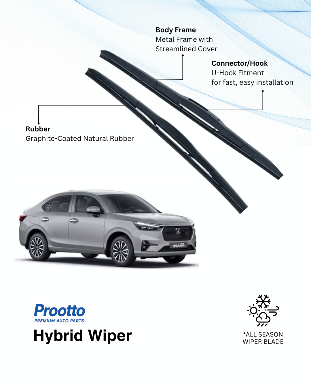 Prootto Wiper Blades for Honda Amaze - Hybrid, Frameless & Conventional