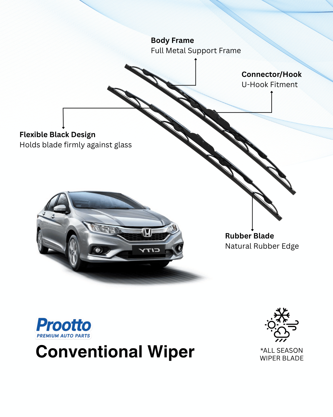 Prootto Wiper Blades for Honda City - Hybrid, Frameless & Conventional