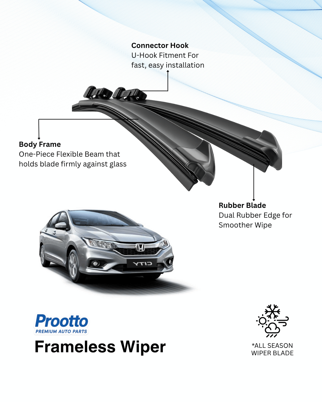Prootto Wiper Blades for Honda City - Hybrid, Frameless & Conventional