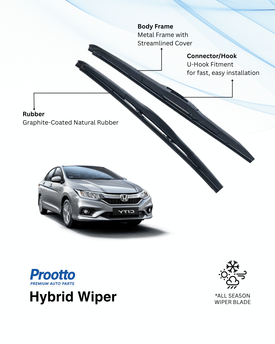 Prootto Wiper Blades for Honda City - Hybrid, Frameless & Conventional
