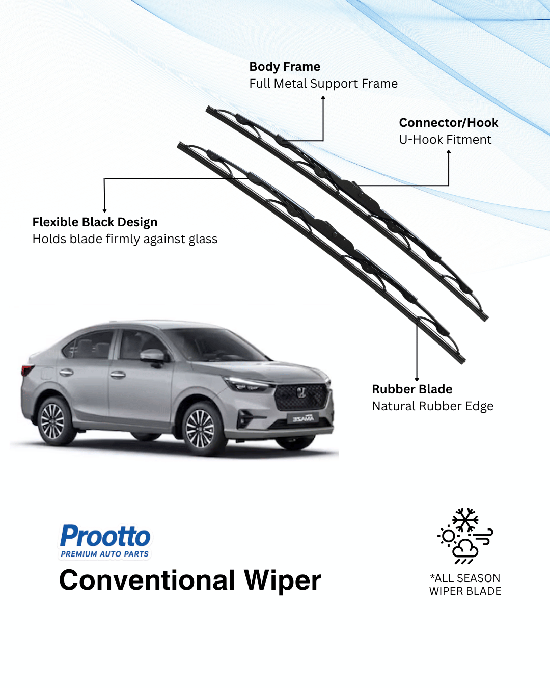 Prootto Wiper Blades for Honda Amaze - Hybrid, Frameless & Conventional