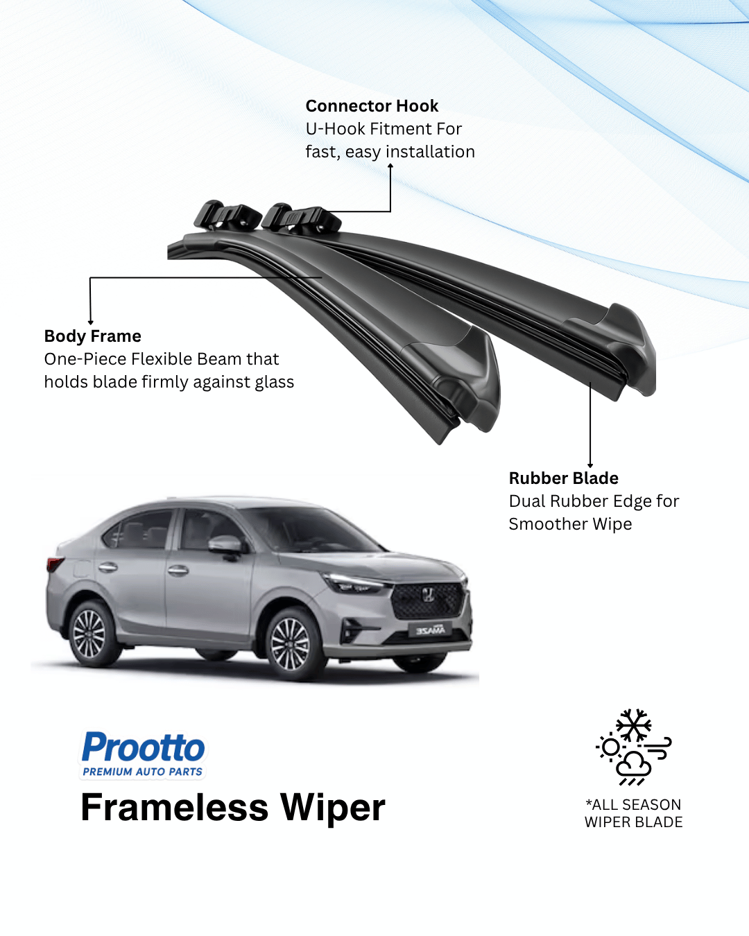 Prootto Wiper Blades for Honda Amaze - Hybrid, Frameless & Conventional
