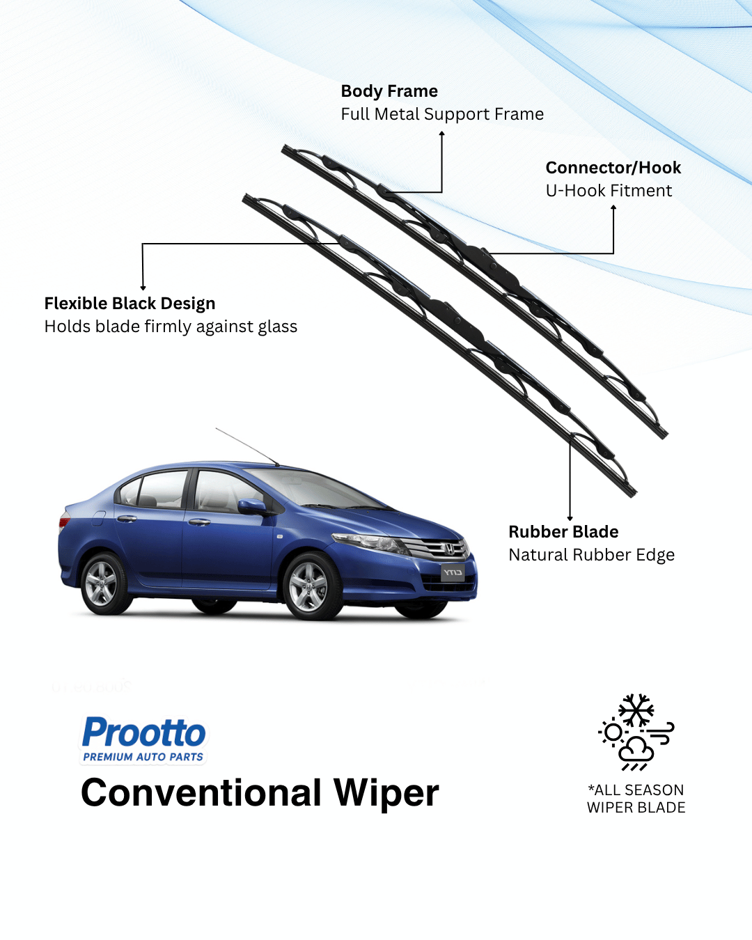 Prootto Wiper Blades for Honda City - Hybrid, Frameless & Conventional