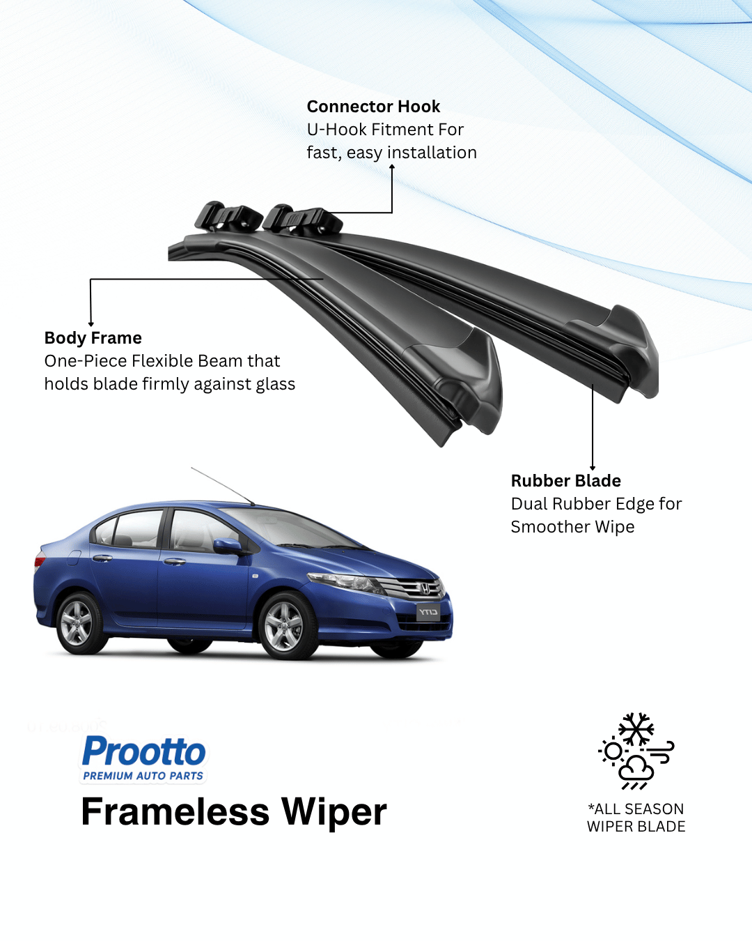 Prootto Wiper Blades for Honda City - Hybrid, Frameless & Conventional