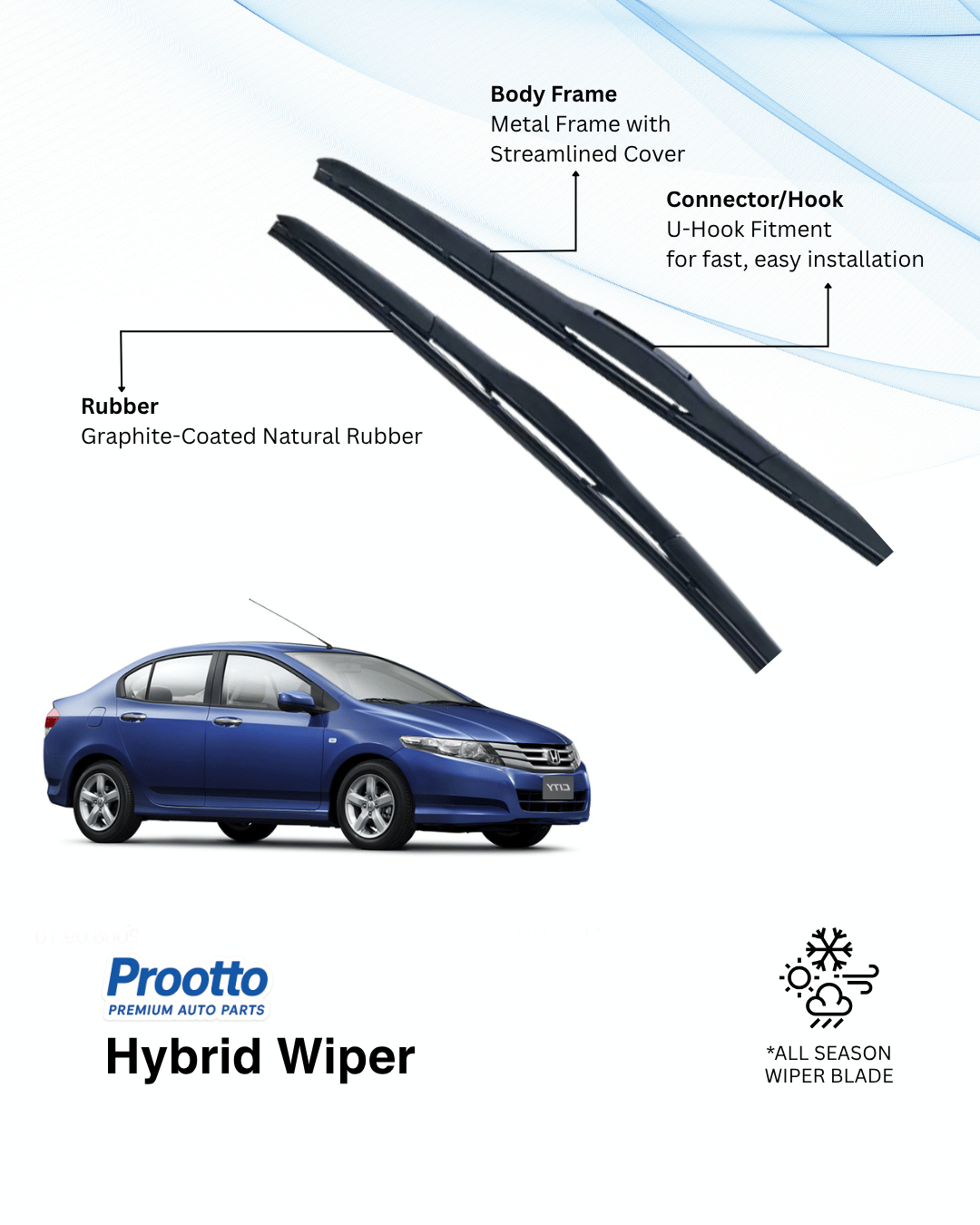 Prootto Wiper Blades for Honda City - Hybrid, Frameless & Conventional