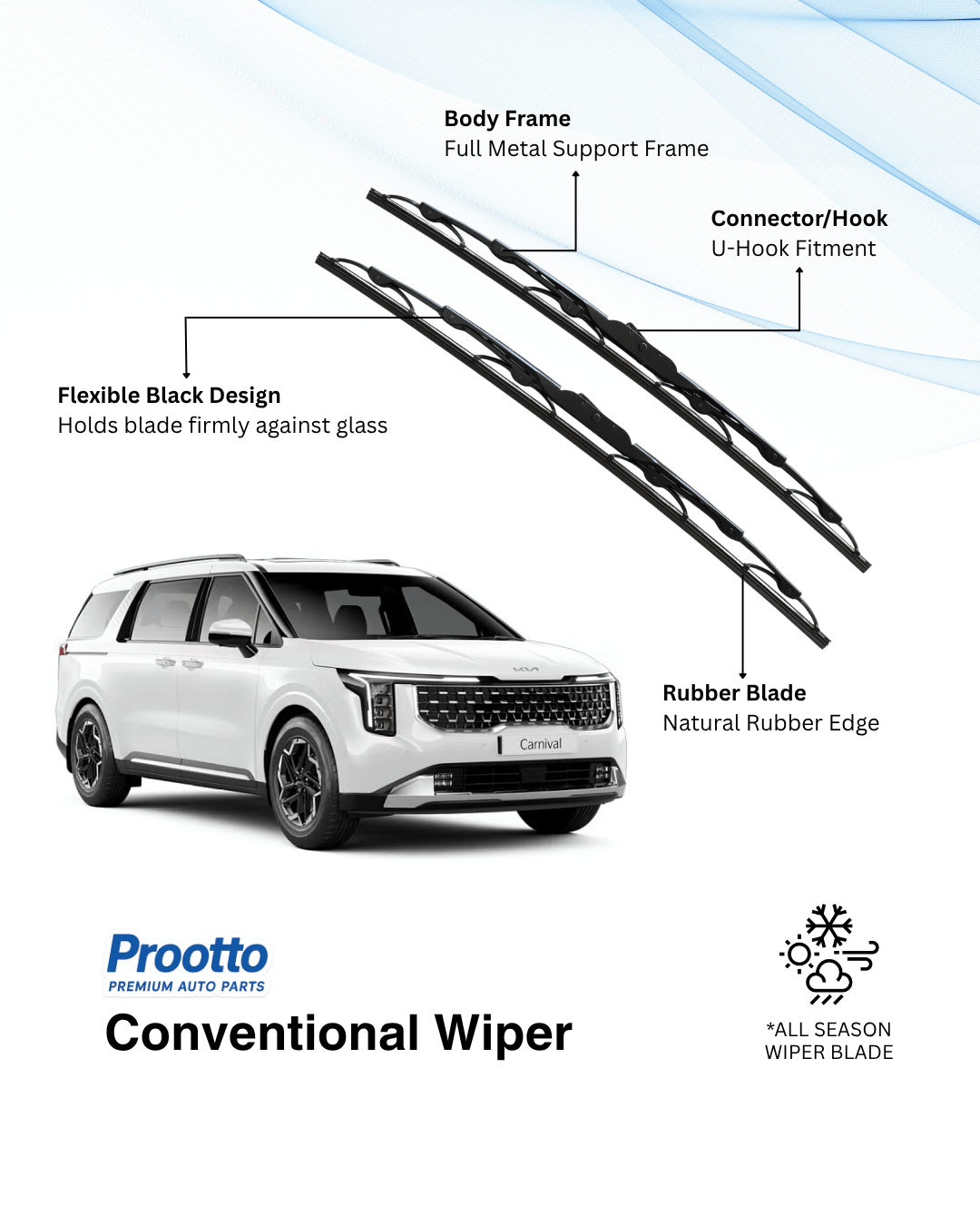 Prootto Wiper Blades for Kia Carnival Wiper Blades (2020-Present) - Hybrid, Frameless & Conventional