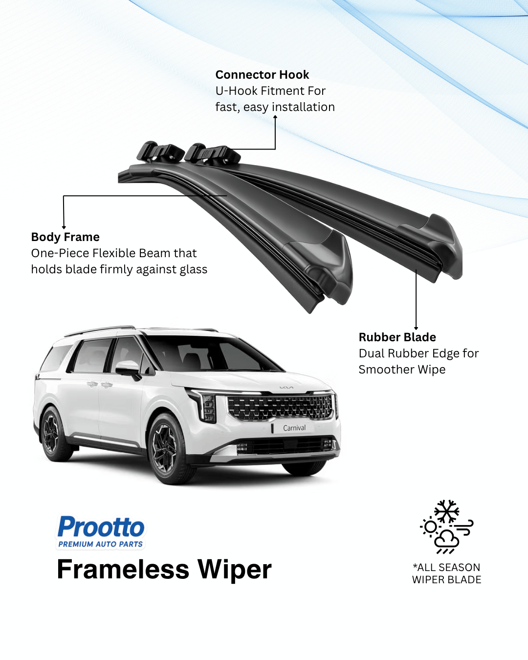 Prootto Wiper Blades for Kia Carnival Wiper Blades (2020-Present) - Hybrid, Frameless & Conventional