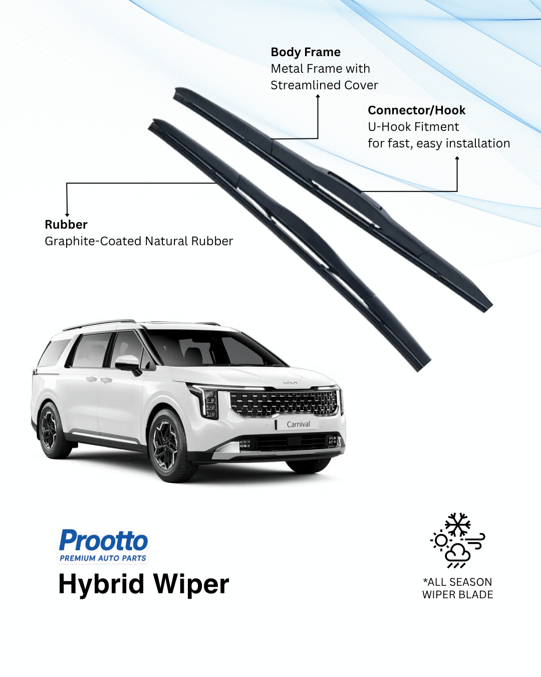 Prootto Wiper Blades for Kia Carnival Wiper Blades (2020-Present) - Hybrid, Frameless & Conventional