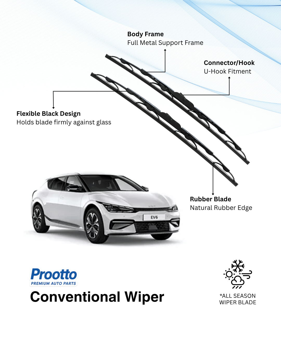 Prootto Wiper Blades for Kia EV6 Wiper Blades (2022-Present) - Hybrid, Frameless & Conventional