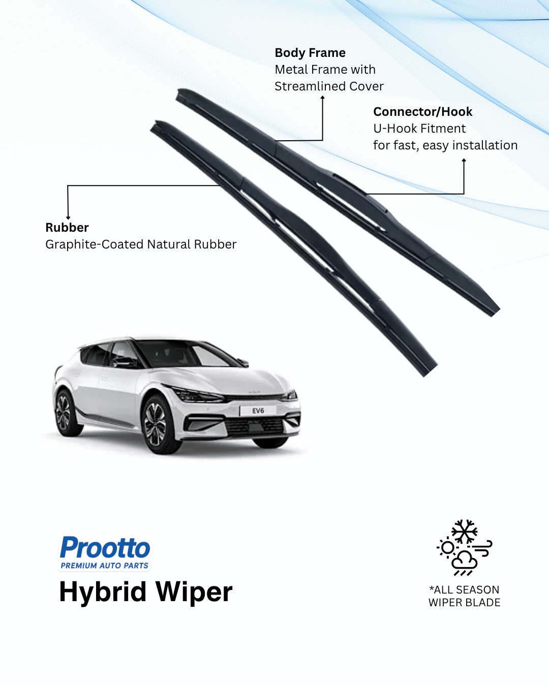 Prootto Wiper Blades for Kia EV6 Wiper Blades (2022-Present) - Hybrid, Frameless & Conventional