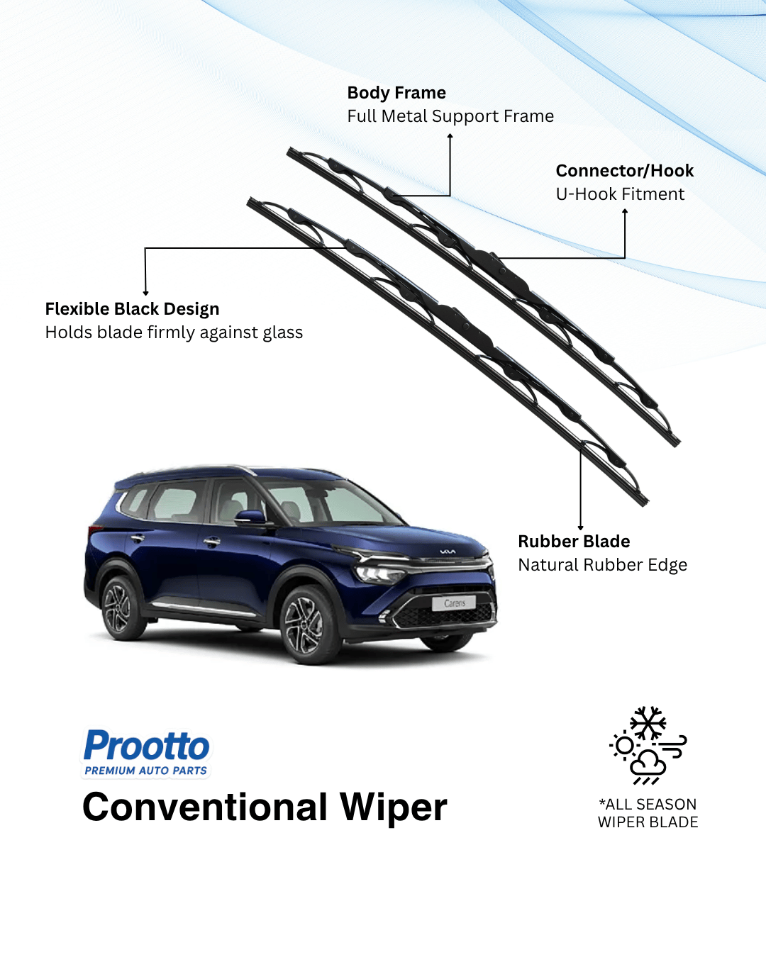 Prootto Wiper Blades for Kia Carens Wiper Blades (2022-Present) - Hybrid, Frameless & Conventional