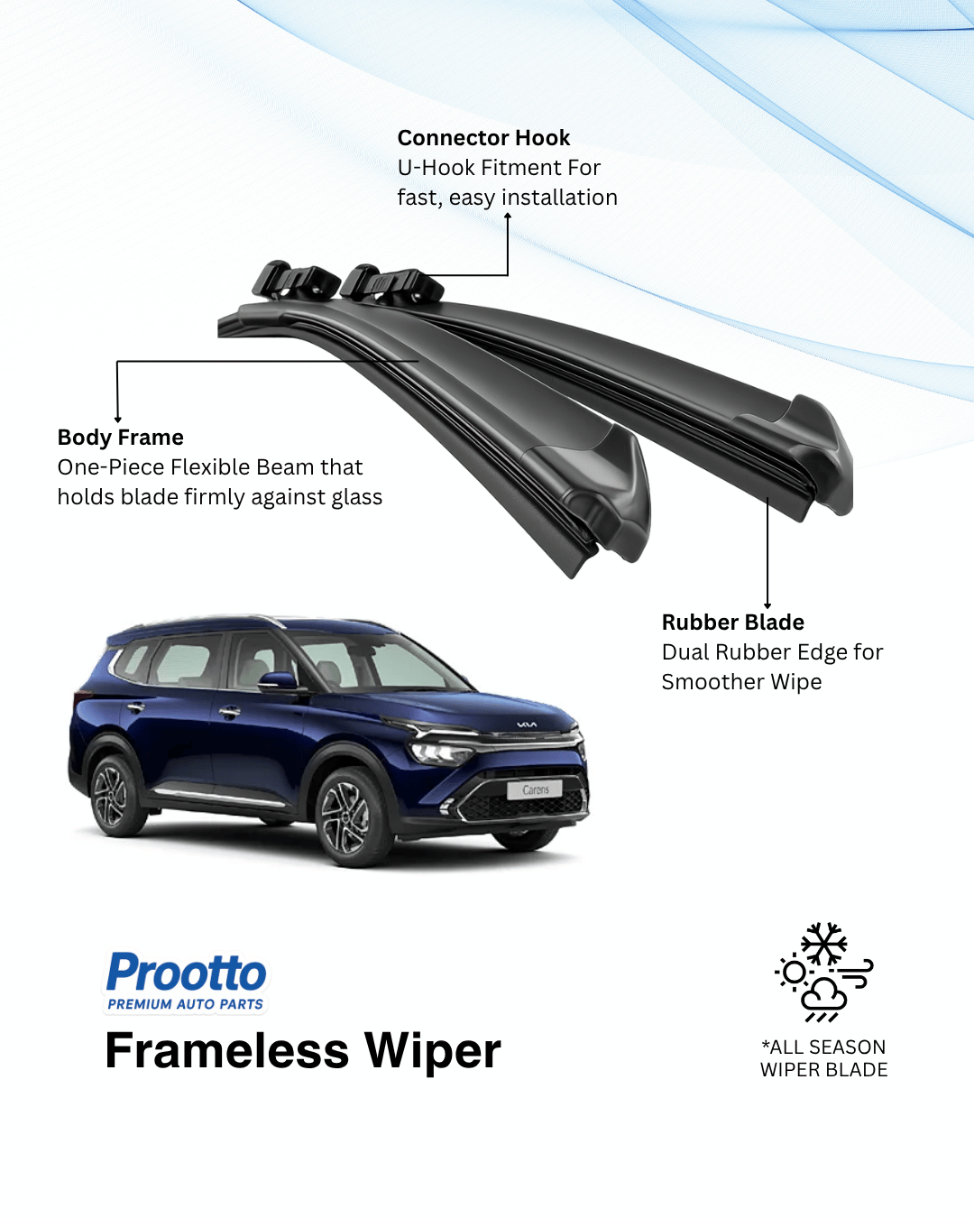 Prootto Wiper Blades for Kia Carens Wiper Blades (2022-Present) - Hybrid, Frameless & Conventional