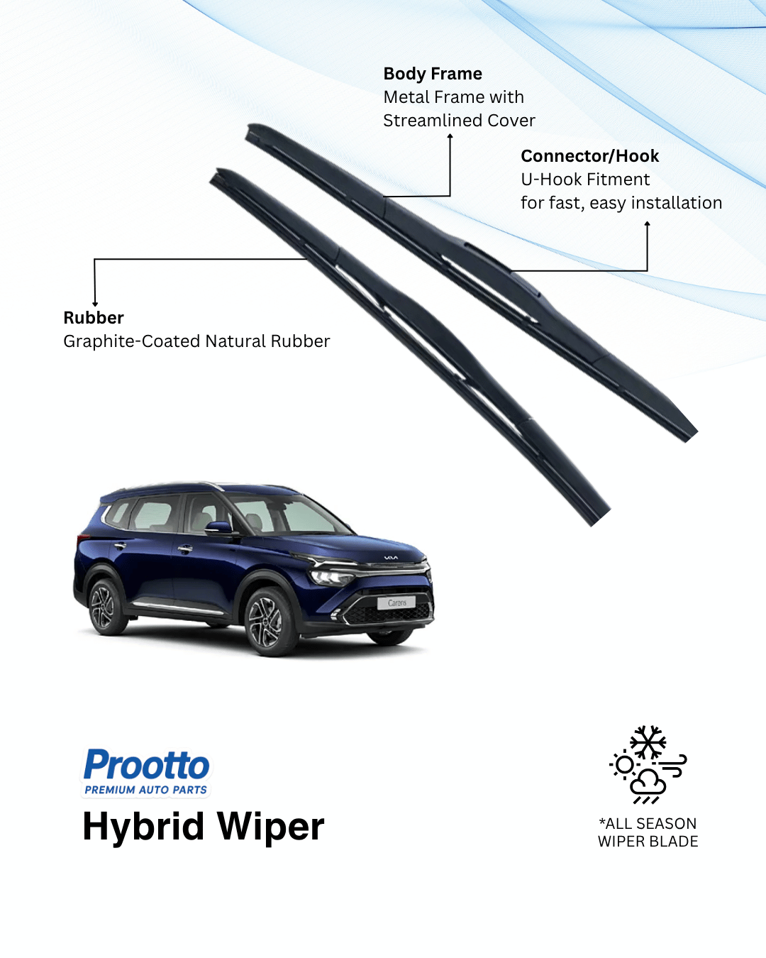 Prootto Wiper Blades for Kia Carens Wiper Blades (2022-Present) - Hybrid, Frameless & Conventional
