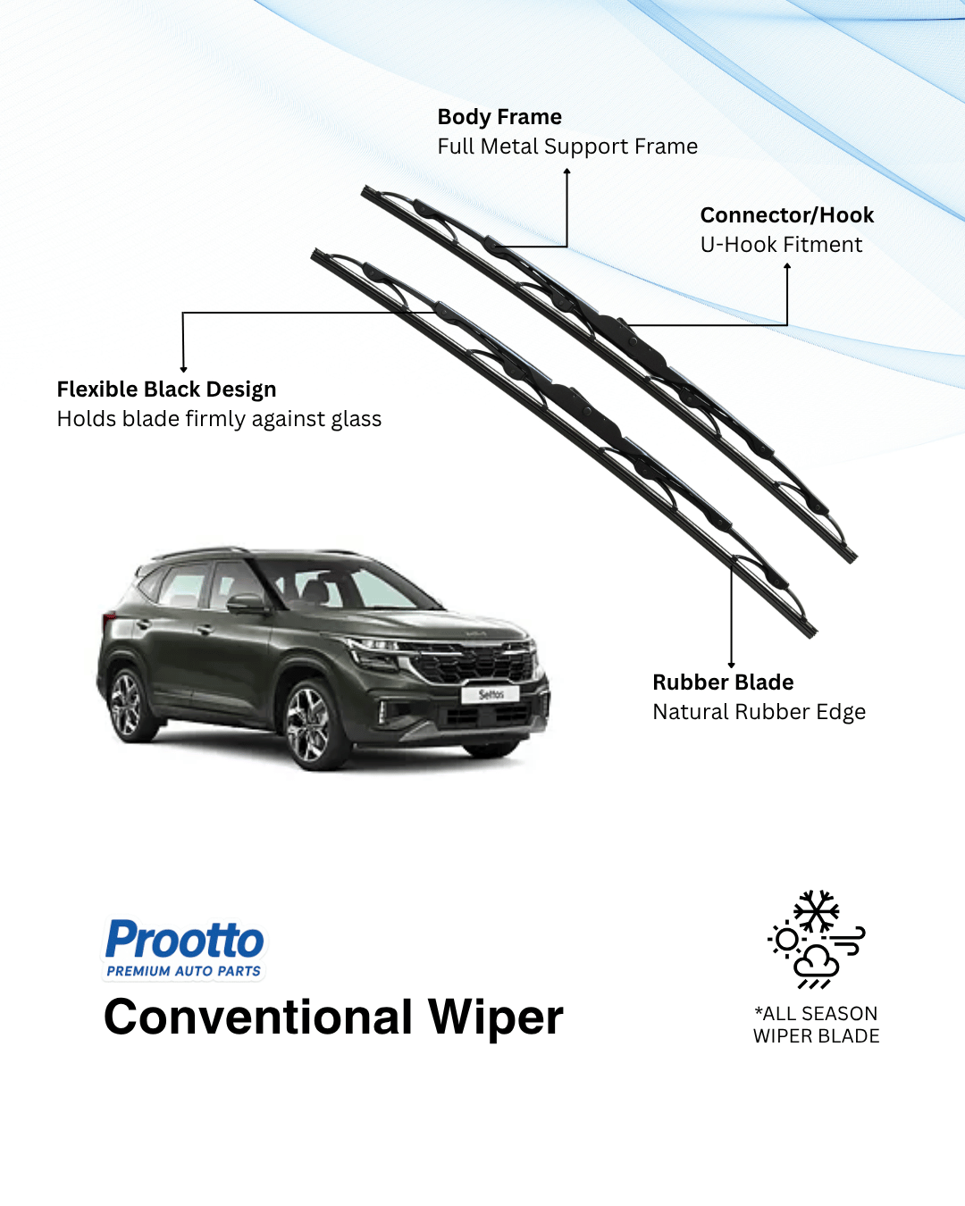 Prootto Wiper Blades for Kia Seltos Wiper Blades (2019-2023) - Hybrid, Frameless & Conventional