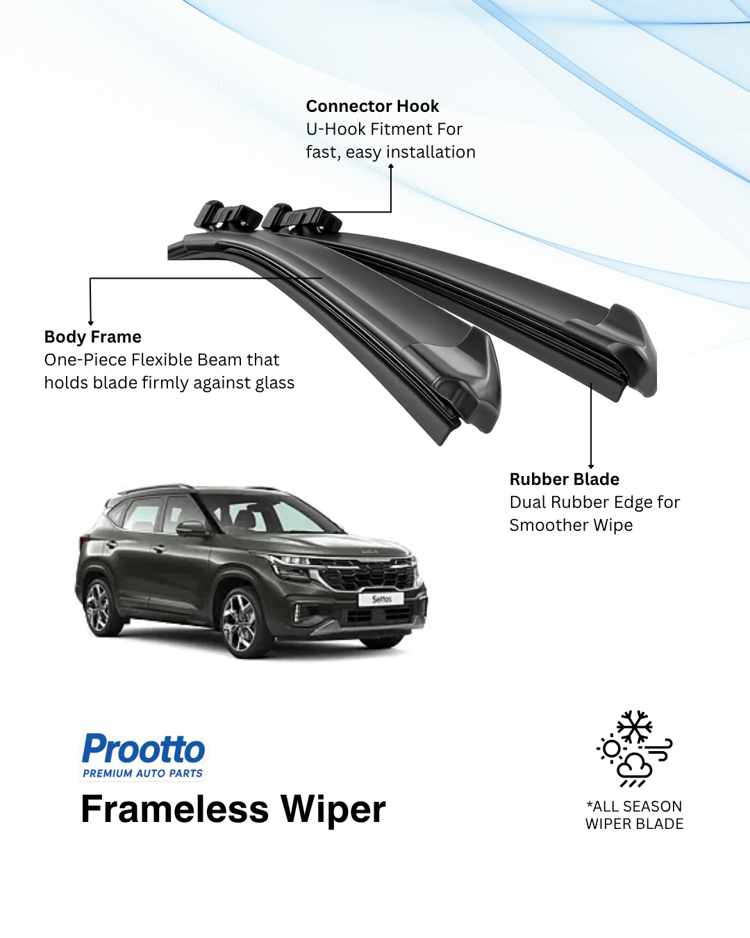 Prootto Wiper Blades for Kia Seltos Wiper Blades (2019-2023) - Hybrid, Frameless & Conventional
