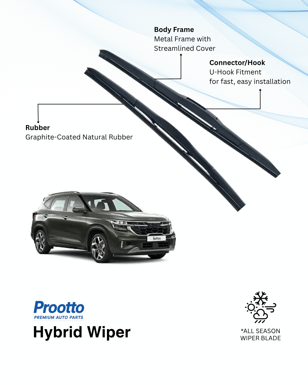 Prootto Wiper Blades for Kia Seltos Wiper Blades (2019-2023) - Hybrid, Frameless & Conventional
