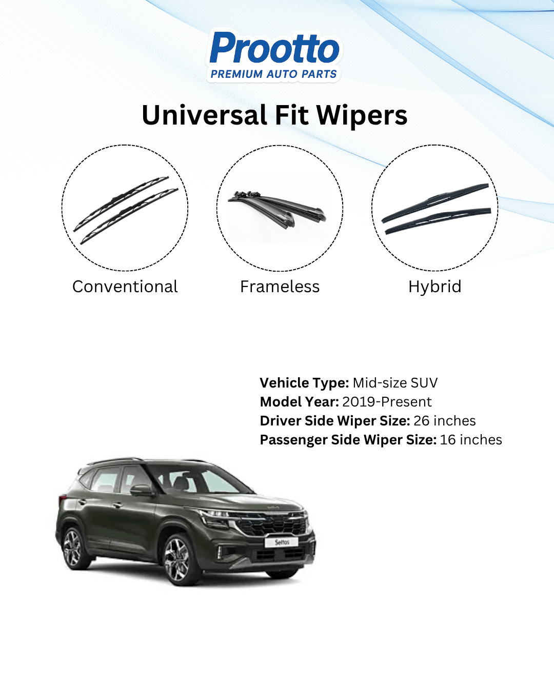 Prootto Wiper Blades for Kia Seltos Wiper Blades (2019-2023) - Hybrid, Frameless & Conventional