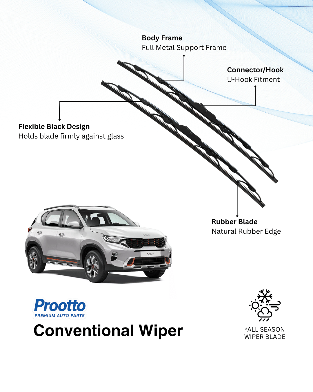Prootto Wiper Blades for Kia Sonet Wiper Blades (2020-Present) - Hybrid, Frameless & Conventional