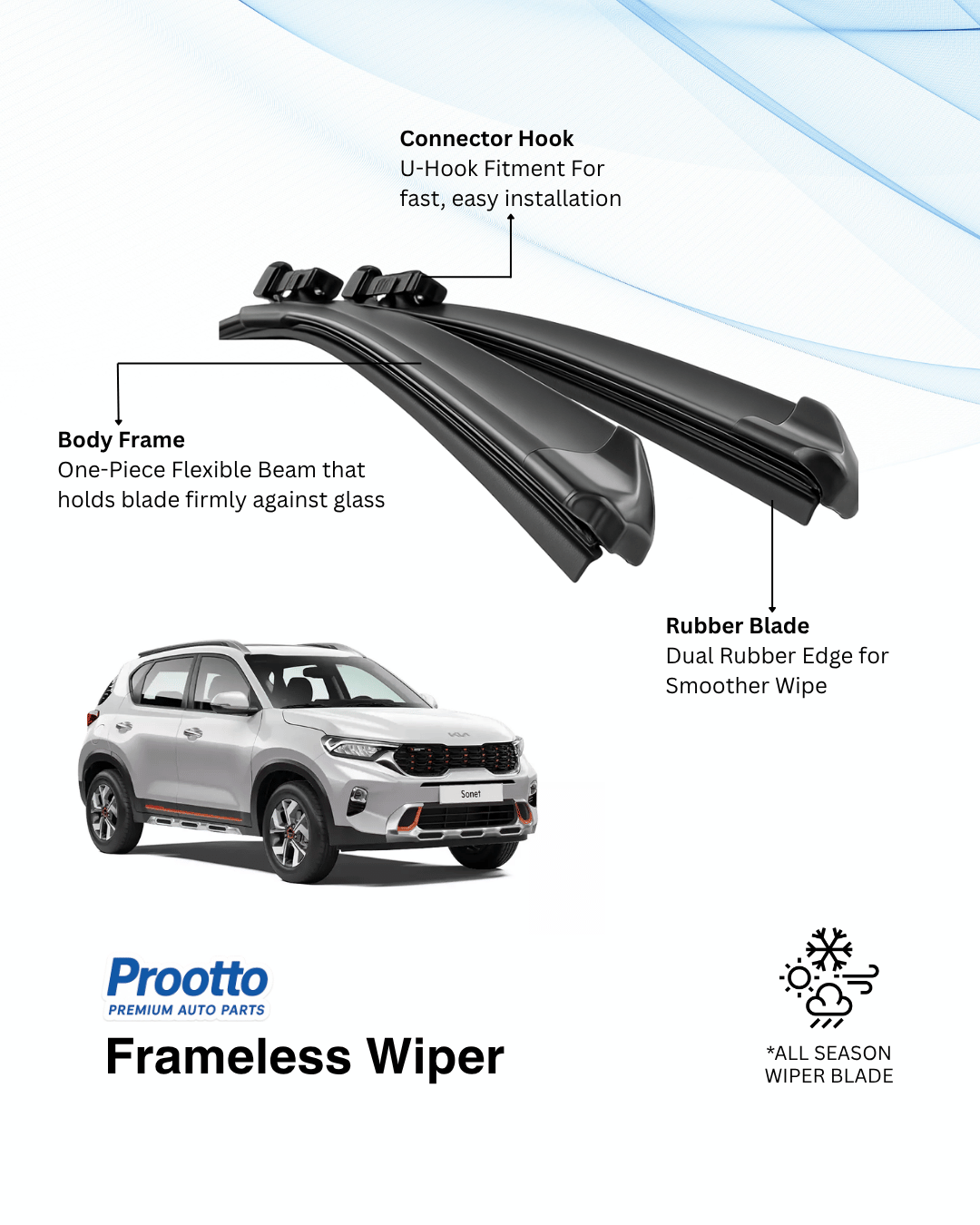 Prootto Wiper Blades for Kia Sonet Wiper Blades (2020-Present) - Hybrid, Frameless & Conventional