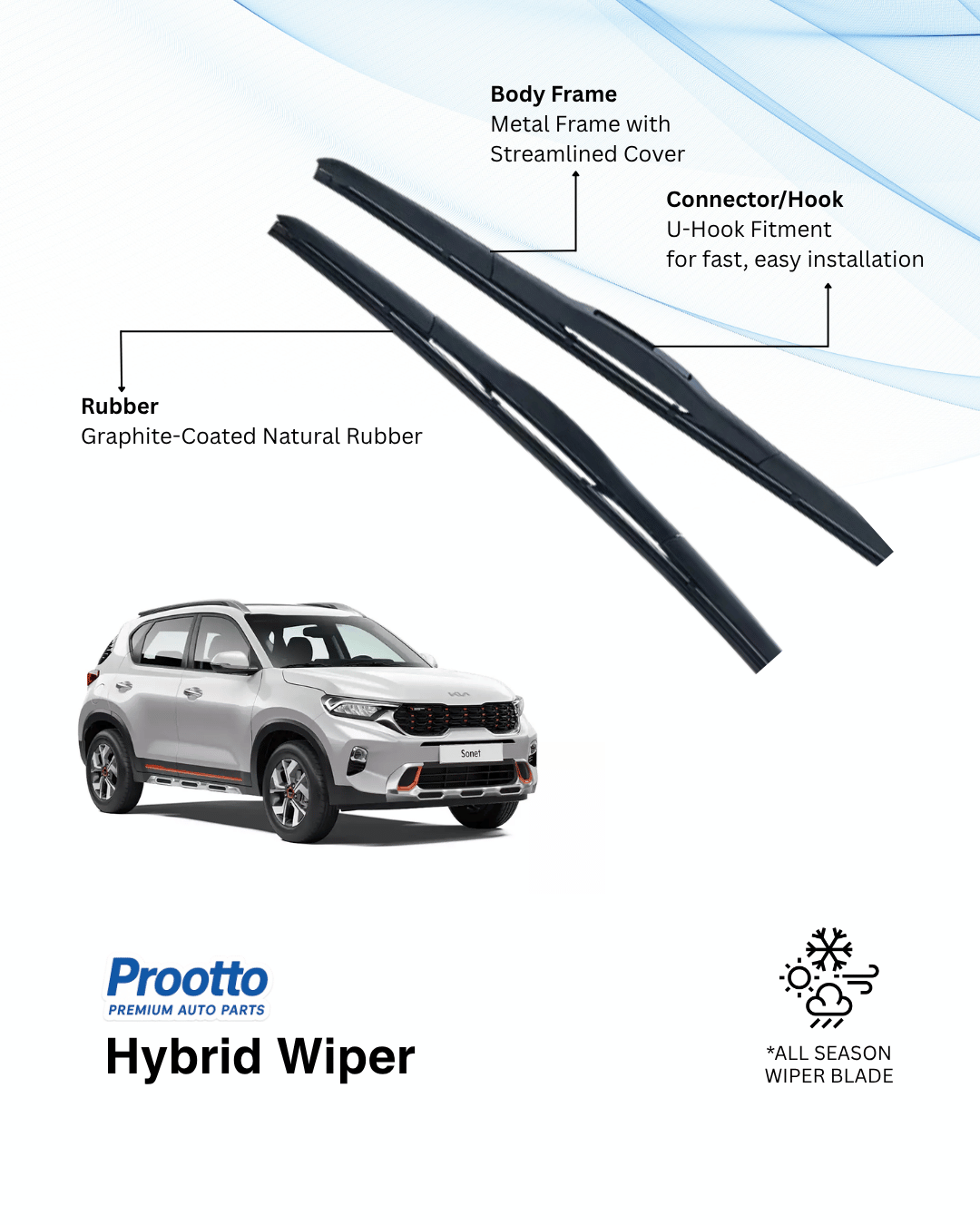 Prootto Wiper Blades for Kia Sonet Wiper Blades (2020-Present) - Hybrid, Frameless & Conventional