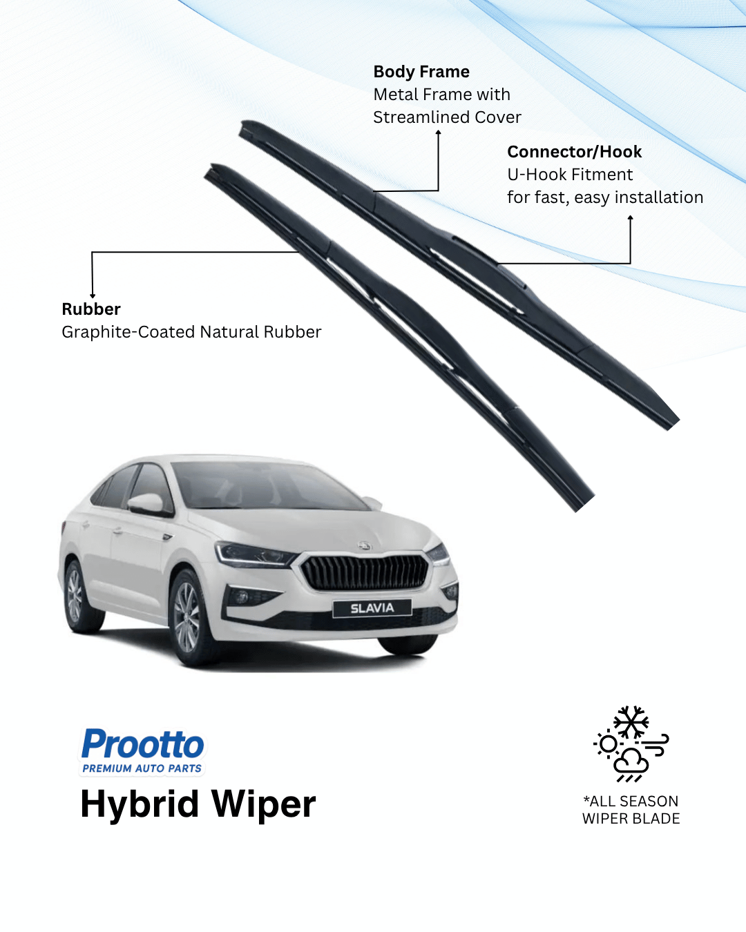 Prootto Wiper Blades for Skoda Slavia Wiper Blades - Hybrid, Frameless & Conventional