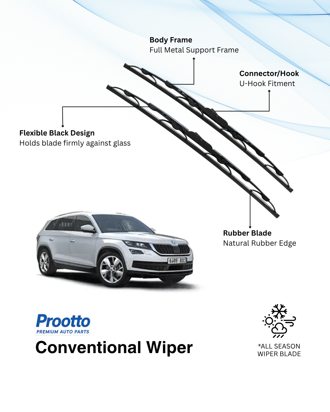 Prootto Wiper Blades for Skoda Kodiaq Wiper Blades (2021-Present) - Hybrid, Frameless & Conventional