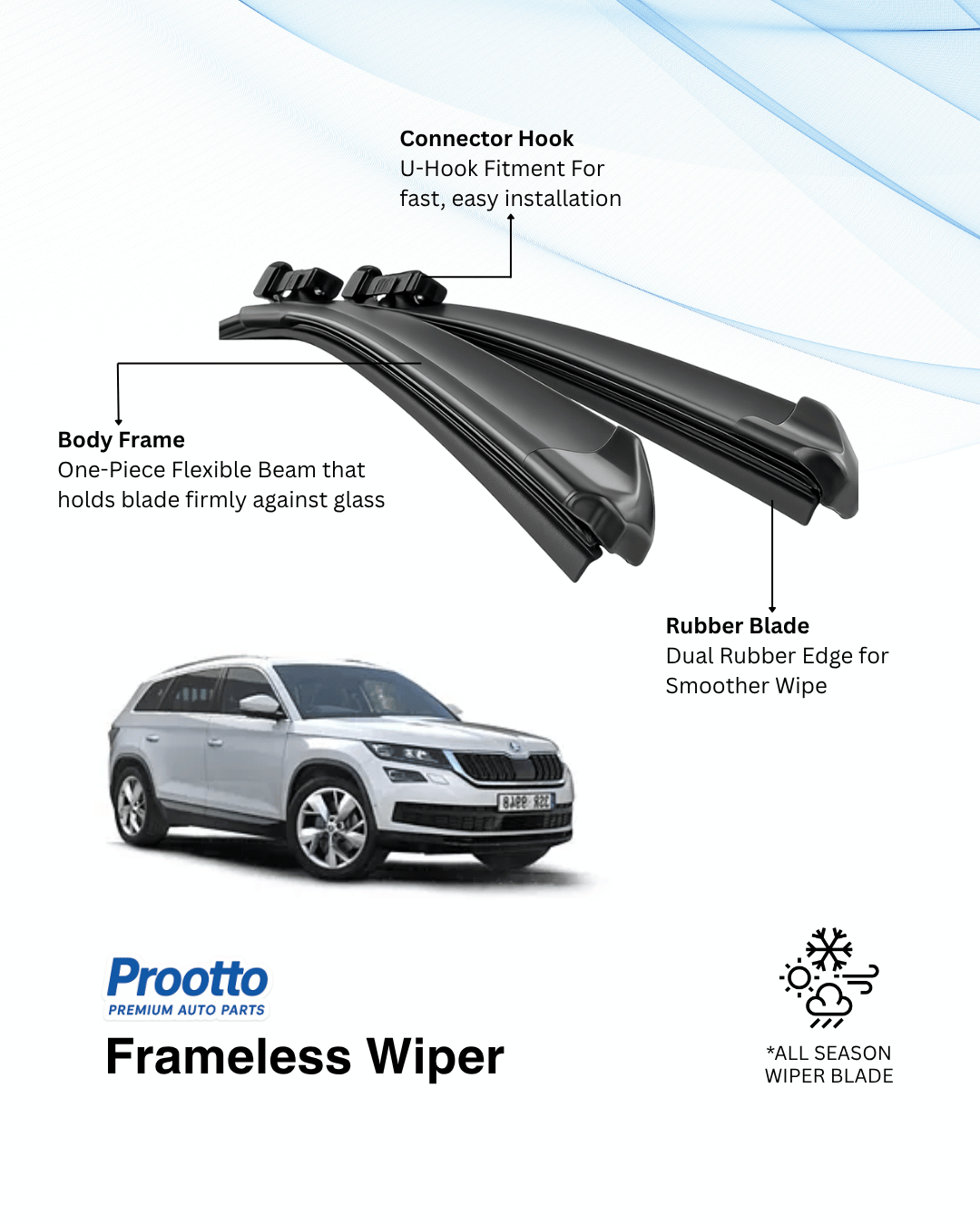 Prootto Wiper Blades for Skoda Kodiaq Wiper Blades (2021-Present) - Hybrid, Frameless & Conventional