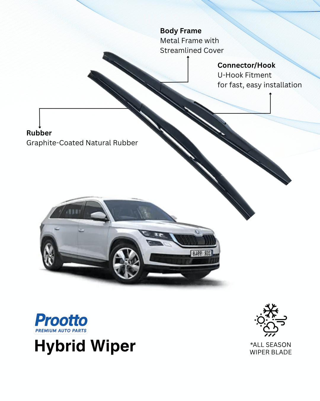 Prootto Wiper Blades for Skoda Kodiaq Wiper Blades (2021-Present) - Hybrid, Frameless & Conventional