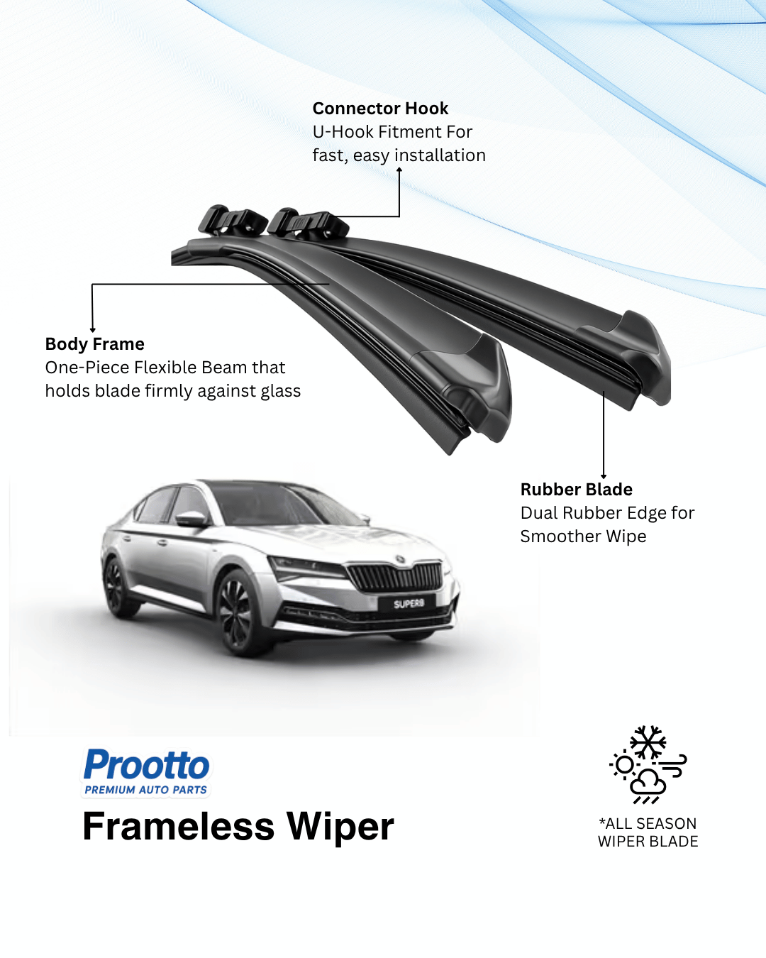 Prootto Wiper Blades for Skoda Superb Wiper Blades (2020-Present) - Hybrid, Frameless & Conventional