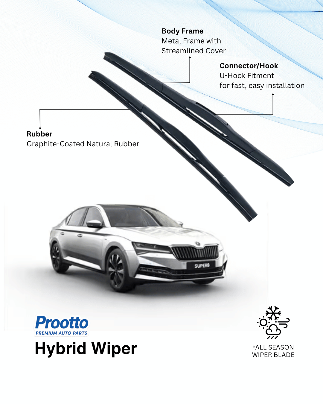 Prootto Wiper Blades for Skoda Superb Wiper Blades (2020-Present) - Hybrid, Frameless & Conventional