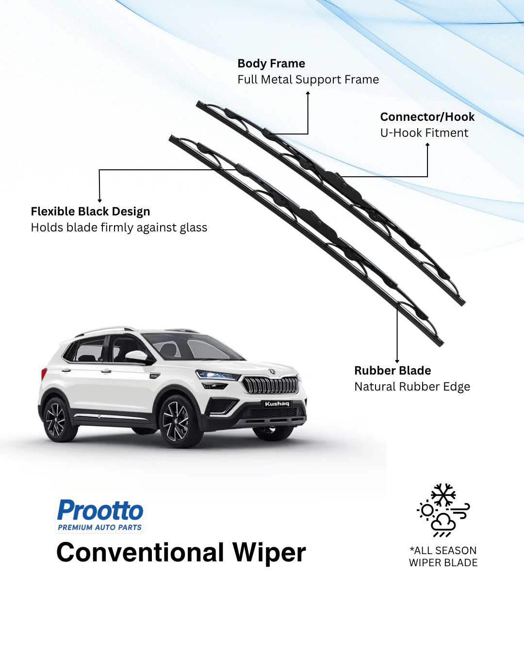 Prootto Wiper Blades for Skoda Kushaq Wiper Blades - Hybrid, Frameless & Conventional
