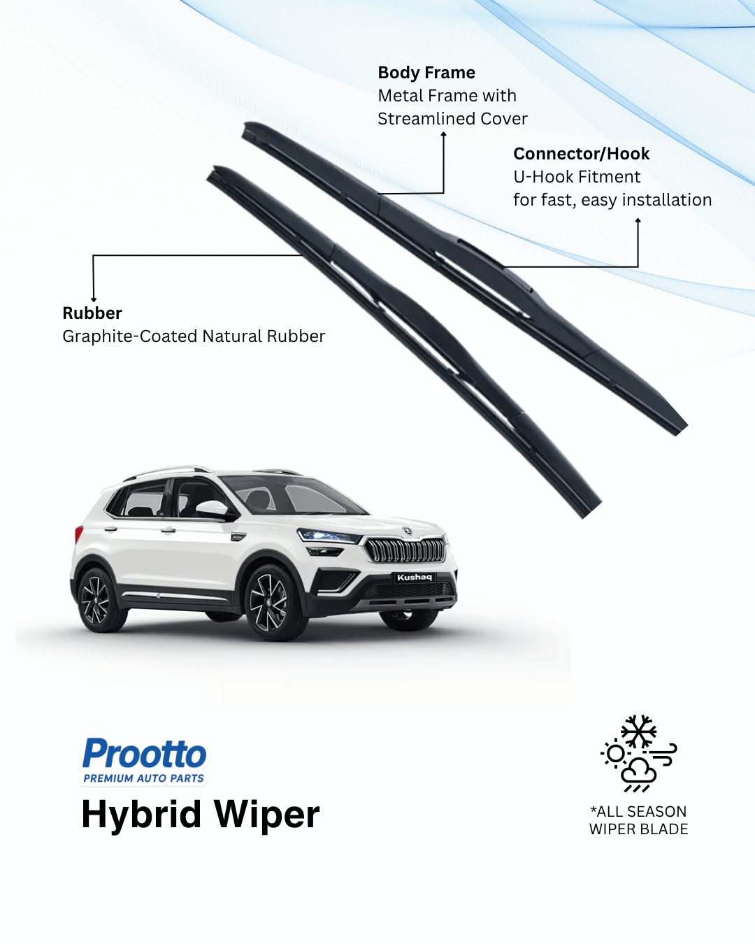 Prootto Wiper Blades for Skoda Kushaq Wiper Blades - Hybrid, Frameless & Conventional