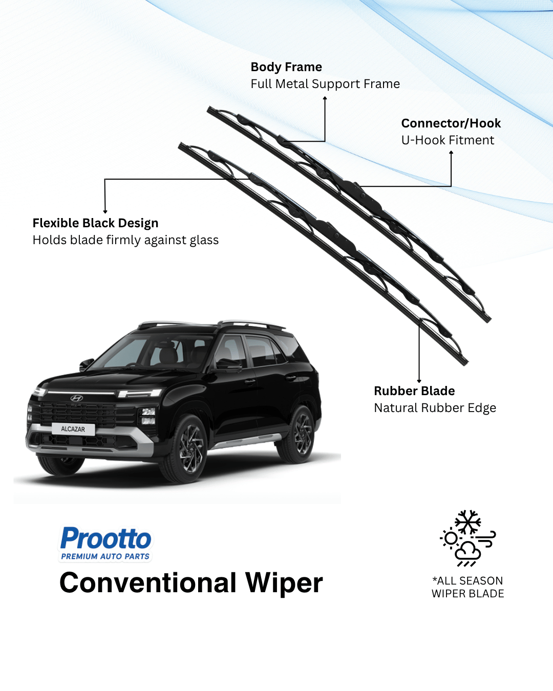 Prootto Wiper Blades for Hyundai Alcazar – Hybrid, Frameless & Conventional (2025)