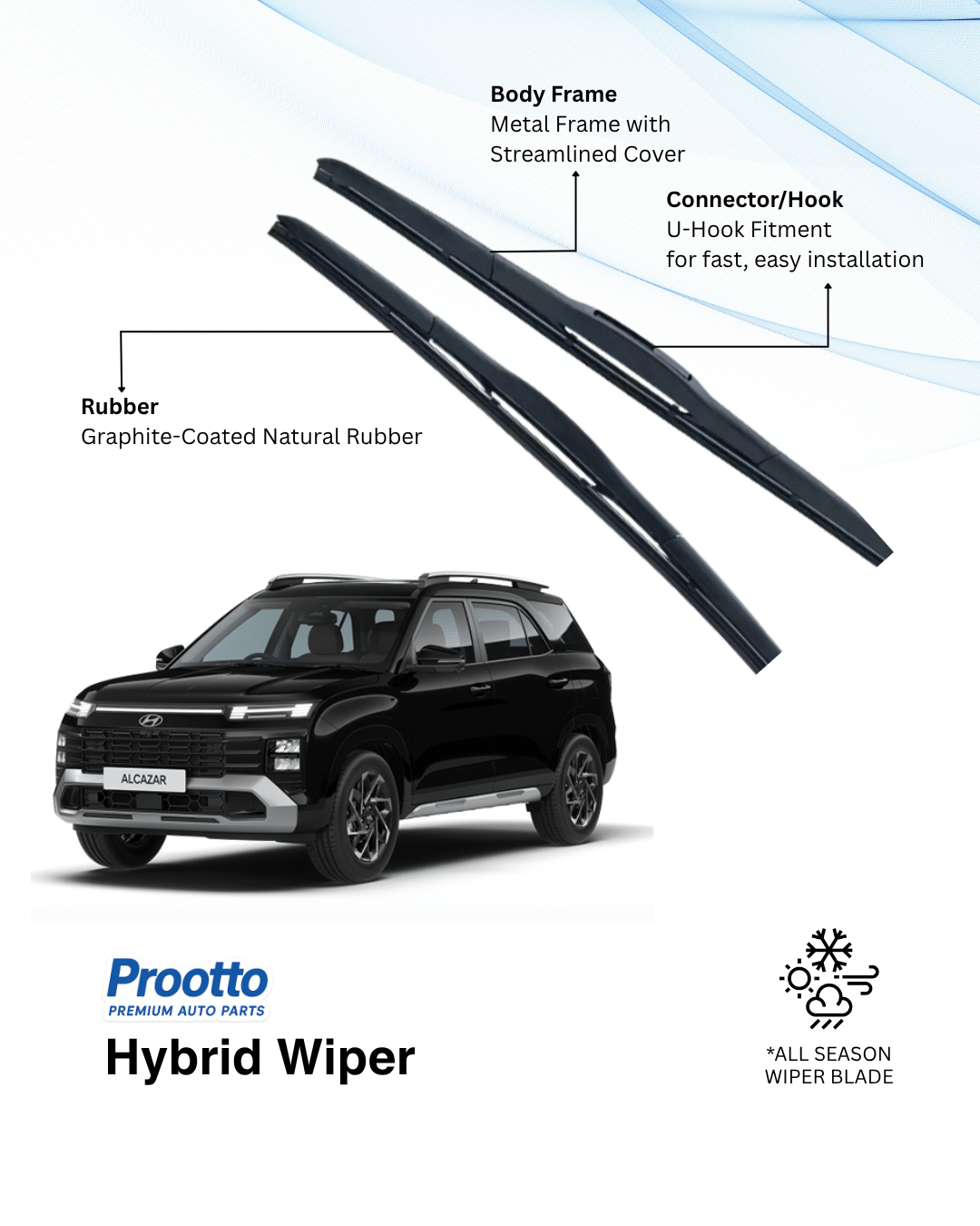 Prootto Wiper Blades for Hyundai Alcazar – Hybrid, Frameless & Conventional (2025)