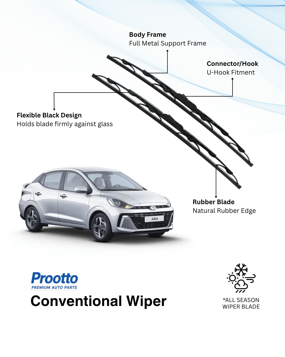 Prootto Wiper Blades for Hyundai Aura – Hybrid, Frameless & Conventional (2025)