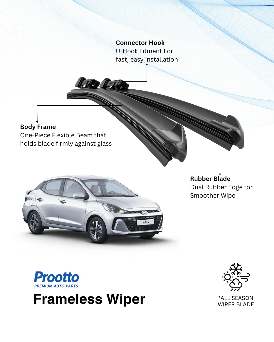 Prootto Wiper Blades for Hyundai Aura – Hybrid, Frameless & Conventional (2025)