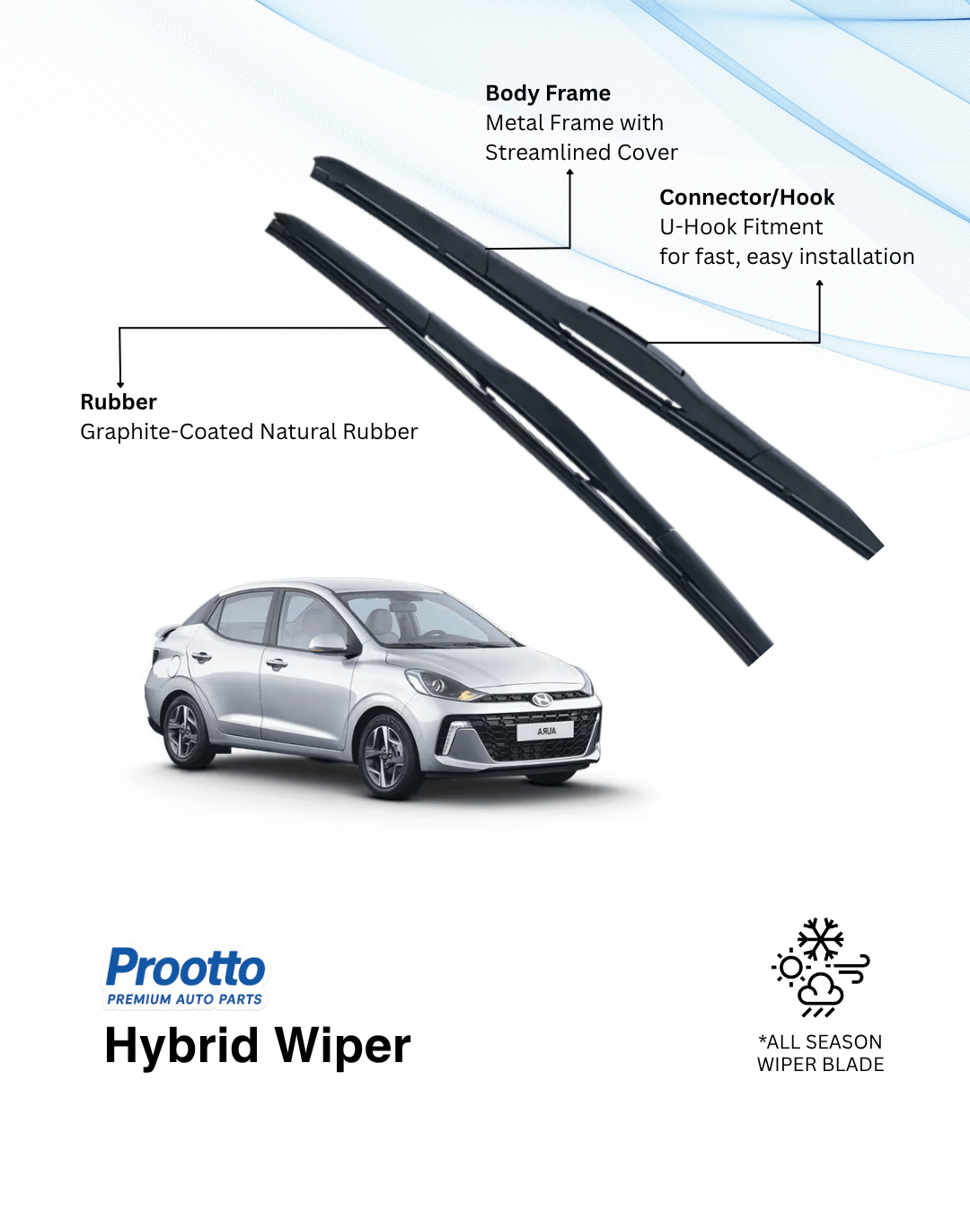 Prootto Wiper Blades for Hyundai Aura – Hybrid, Frameless & Conventional (2025)