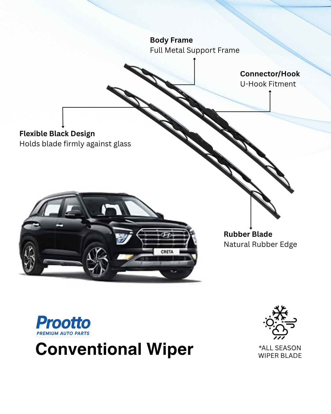 Prootto Wiper Blades for Hyundai Creta – Hybrid, Frameless & Conventional (2025)
