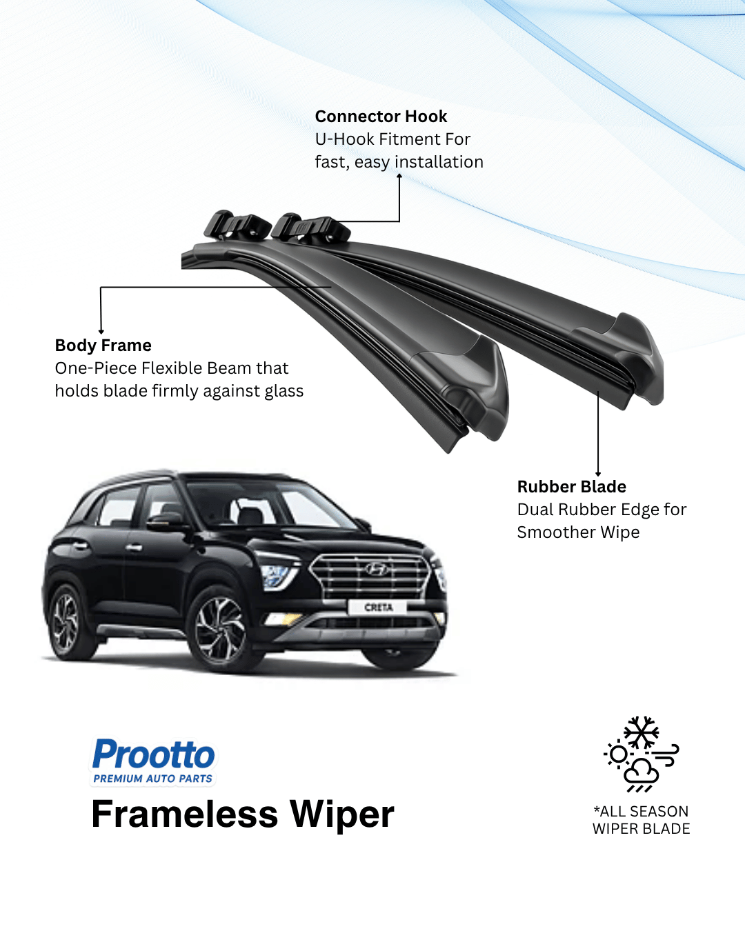 Prootto Wiper Blades for Hyundai Creta – Hybrid, Frameless & Conventional (2025)