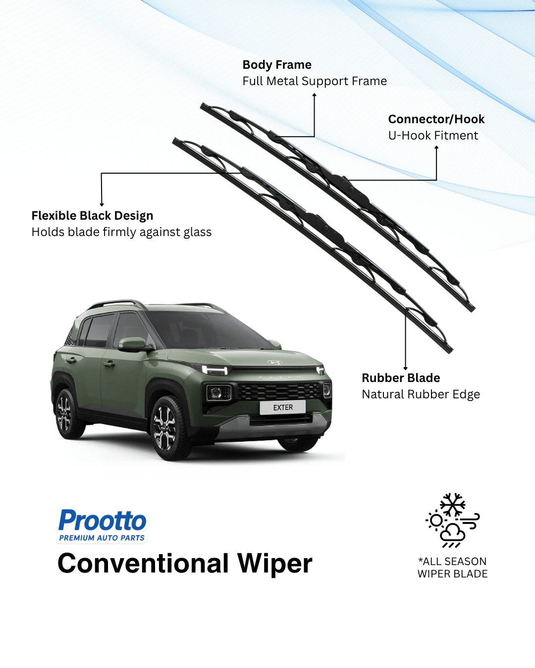 Prootto Wiper Blades for Hyundai Exter – Hybrid, Frameless & Conventional (2025)