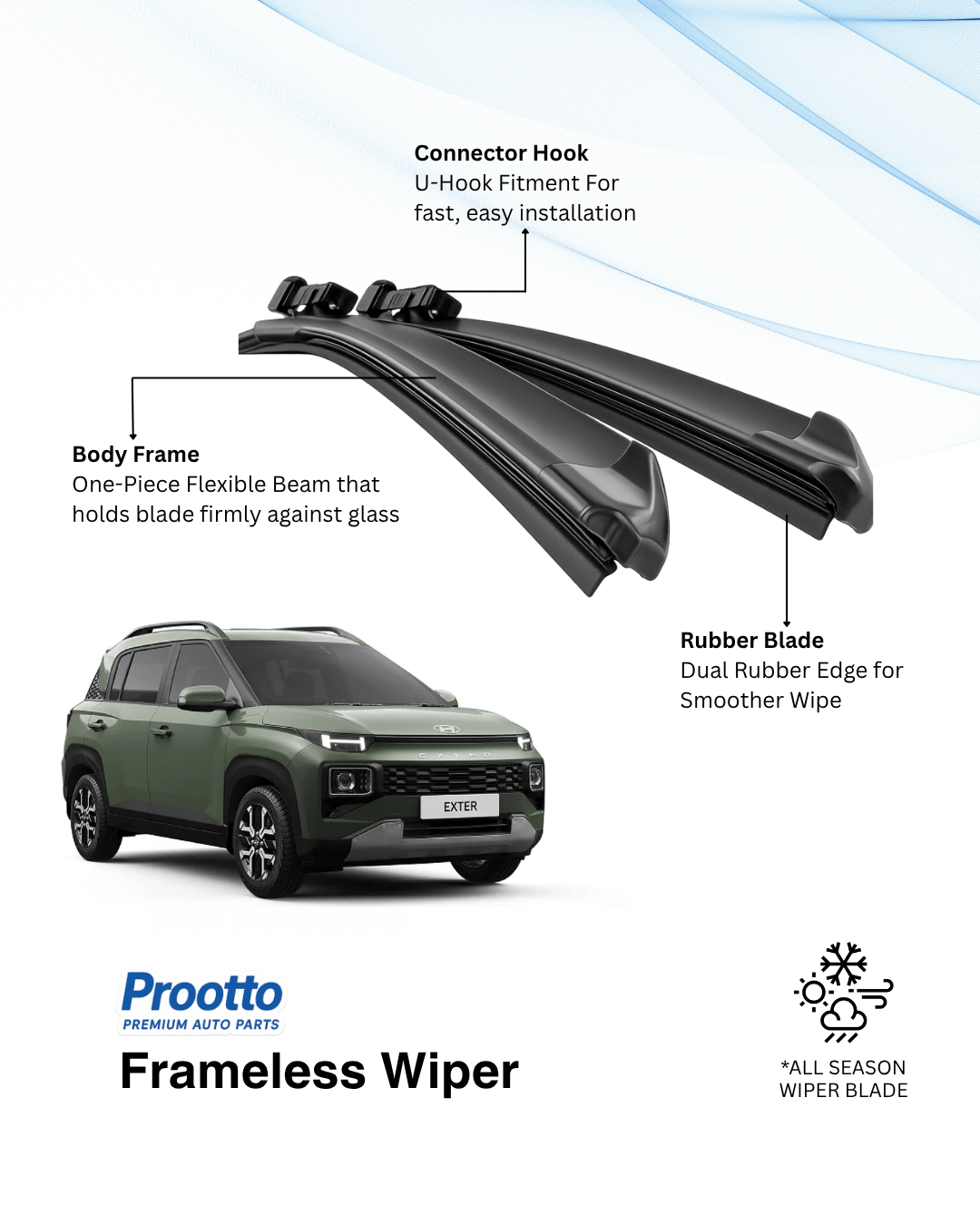 Prootto Wiper Blades for Hyundai Exter – Hybrid, Frameless & Conventional (2025)