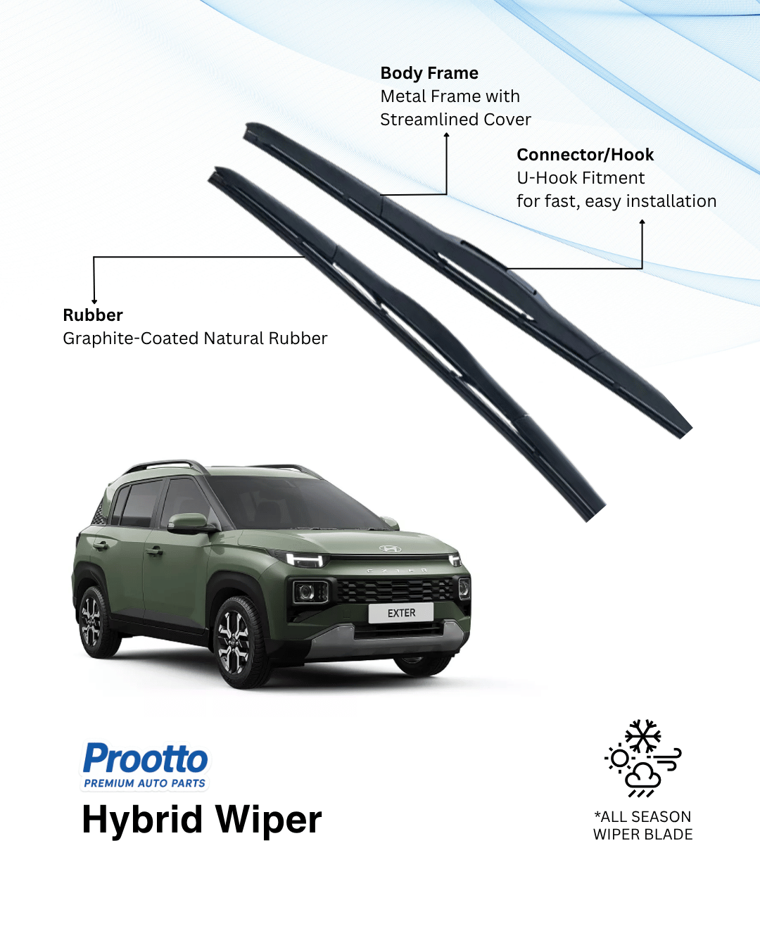 Prootto Wiper Blades for Hyundai Exter – Hybrid, Frameless & Conventional (2025)