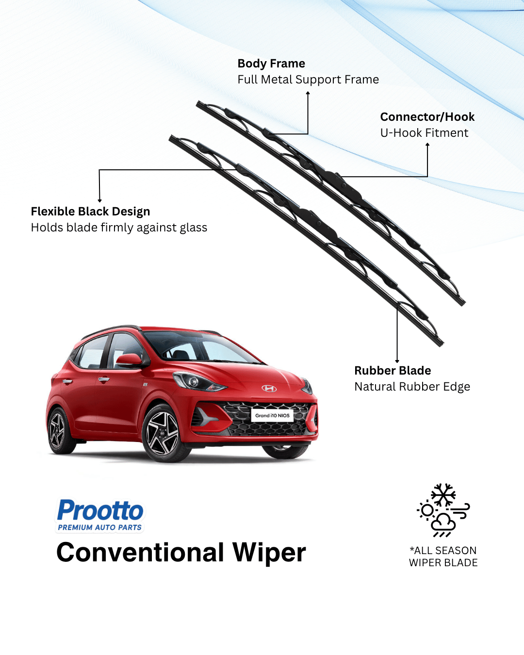 Prootto Wiper Blades for Hyundai Grand i10 Nios – Hybrid, Frameless & Conventional (2025)