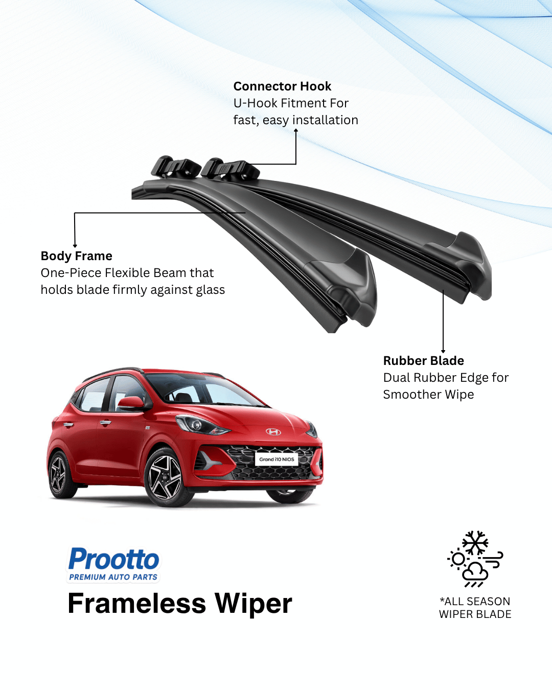 Prootto Wiper Blades for Hyundai Grand i10 Nios – Hybrid, Frameless & Conventional (2025)