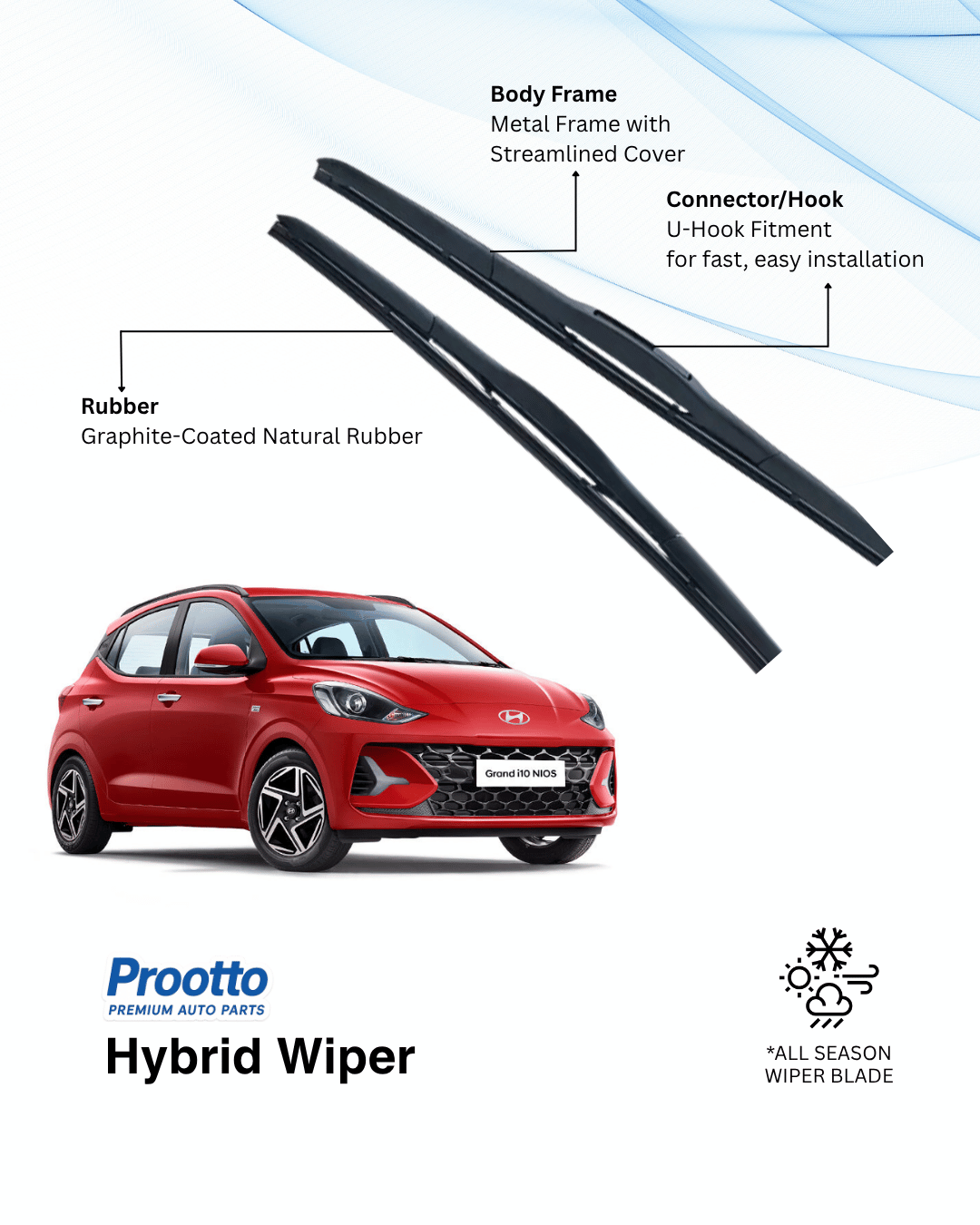 Prootto Wiper Blades for Hyundai Grand i10 Nios – Hybrid, Frameless & Conventional (2025)