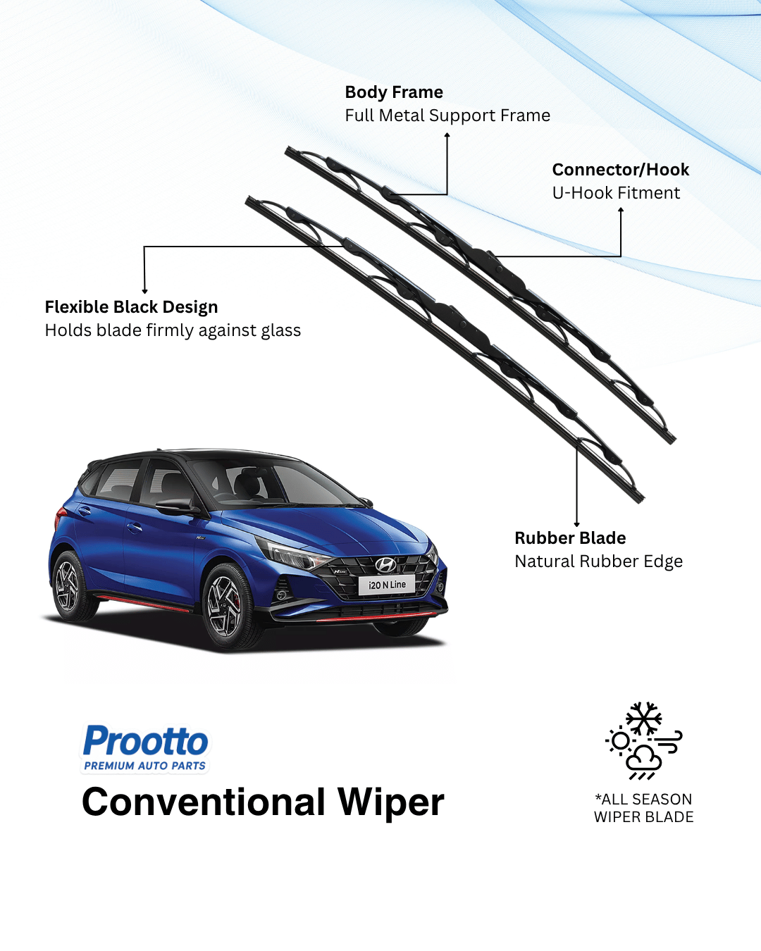 Prootto Wiper Blades for Hyundai i20 – Hybrid, Frameless & Conventional (2025)