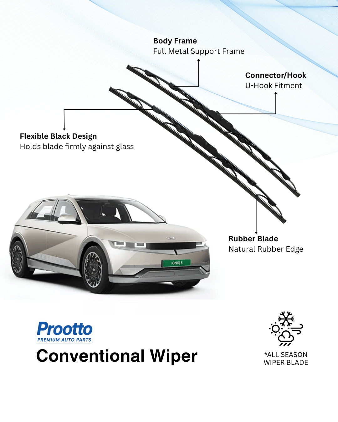 Prootto Wiper Blades for Hyundai Ioniq 5 – Hybrid, Frameless & Conventional (2025)