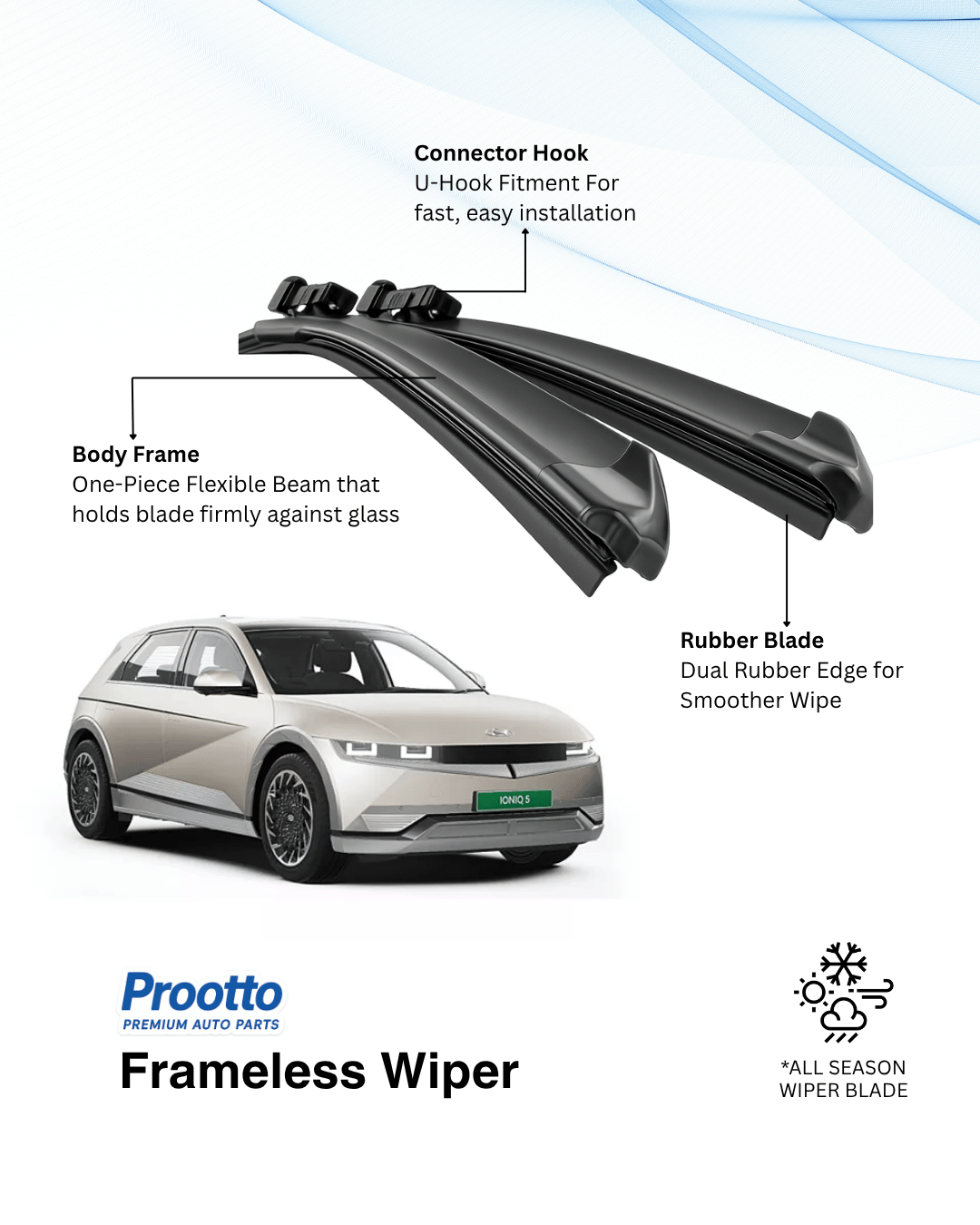 Prootto Wiper Blades for Hyundai Ioniq 5 – Hybrid, Frameless & Conventional (2025)